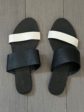 NUDE Black and White Two-Band Slide Sandals